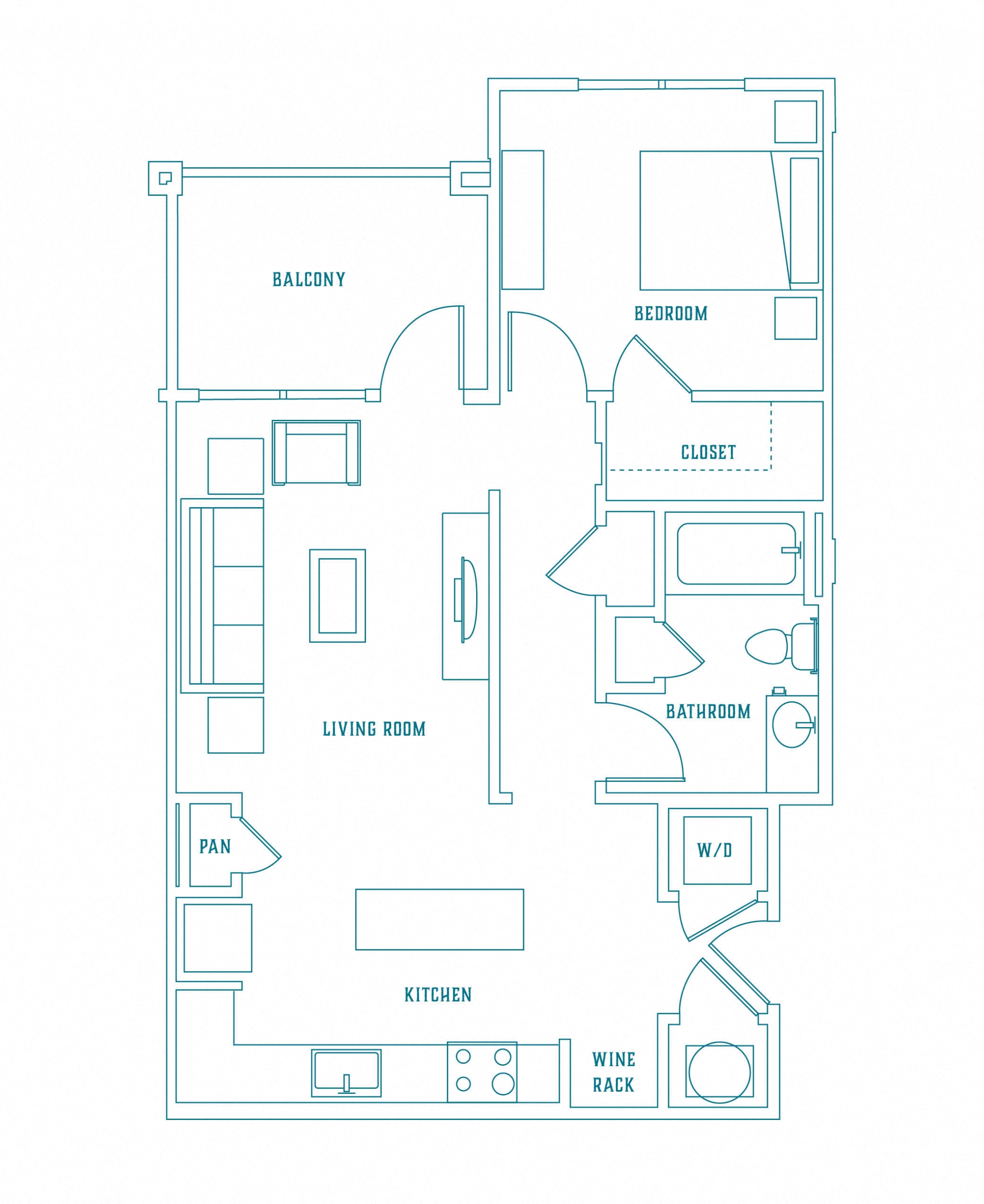 Floor plan for 1 bed, 1 bath, 838 sqft